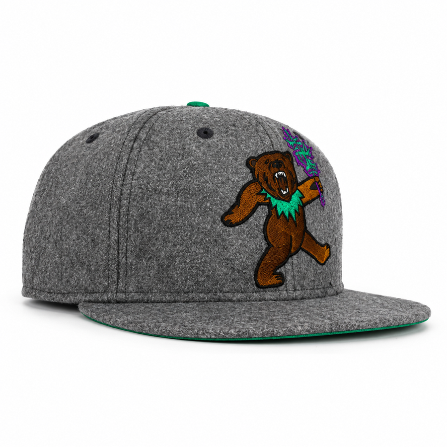 CaliBear Chronic in Gray/Green Dancing Bear Snapback hat, three-quarter view