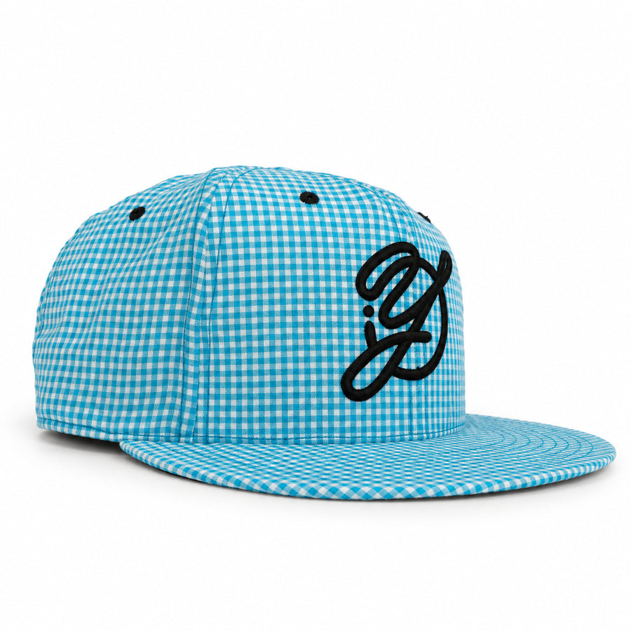 Blue-and-white gingham fitted Yofi hat, three quarter view