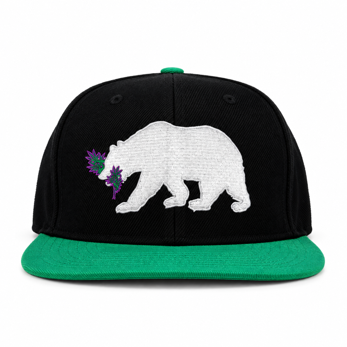 CaliBear Chronic in Black/Green Snapback hat, front view