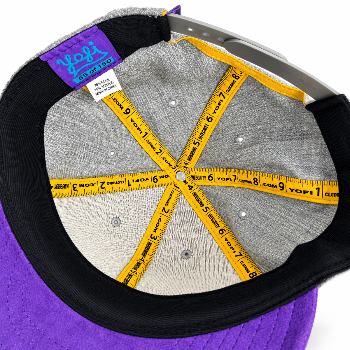 CaliBear Chronic in Grey/Purple Limited Snapback hat, measuring-tape interior detail