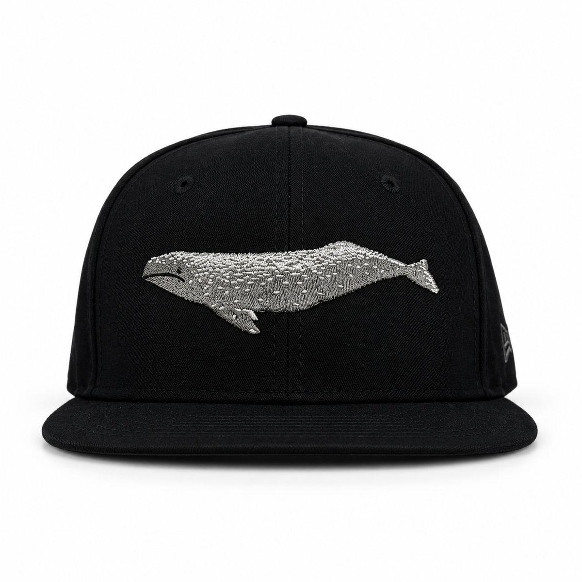 Bay Waters Whale black and silver fitted hat, front view