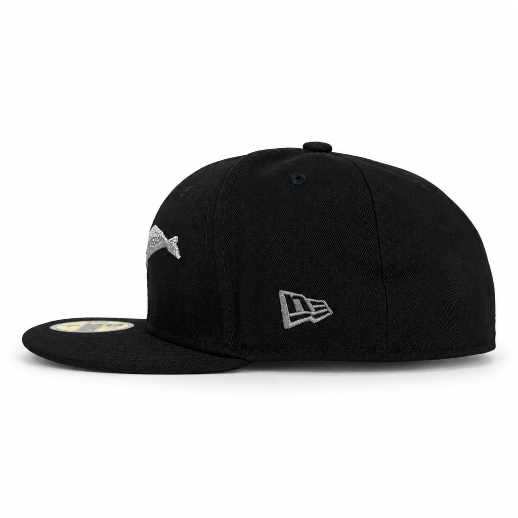 Bay Waters Whale black and silver fitted hat, side view