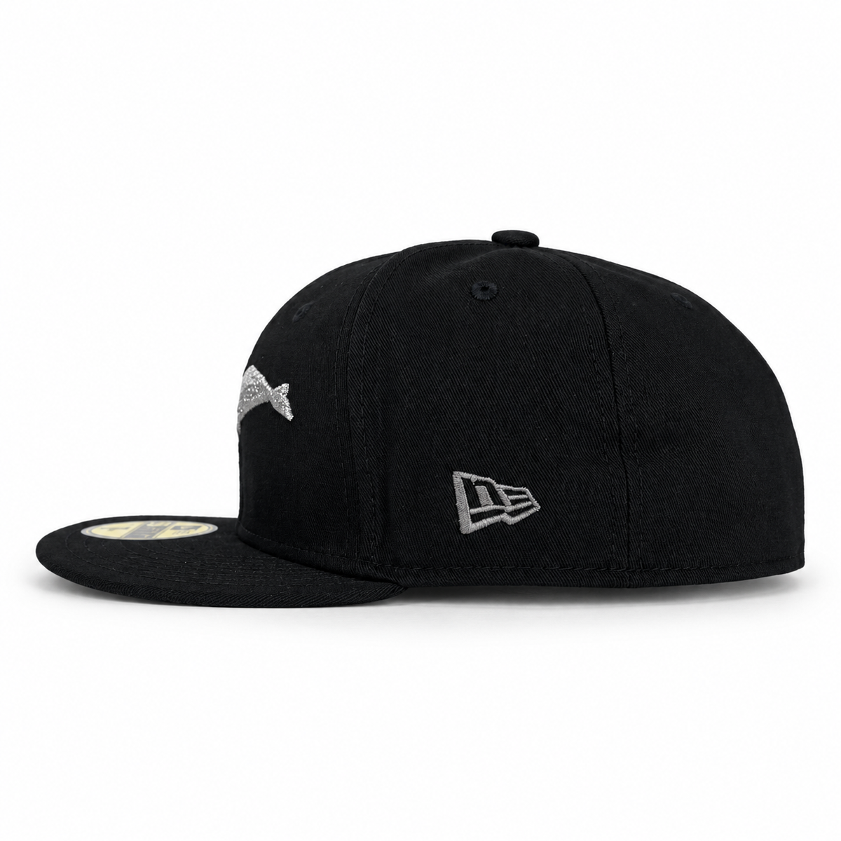 Bay Waters Whale black and silver fitted hat, side view