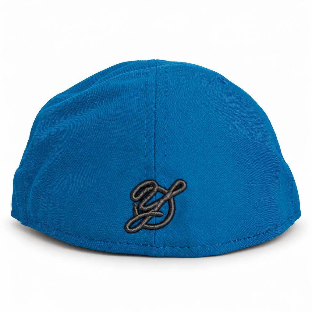 Bay Waters Whale blue and black fitted hat — 04 rear