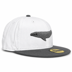 Bay Waters Whale white and gray fitted hat, three-quarter view
