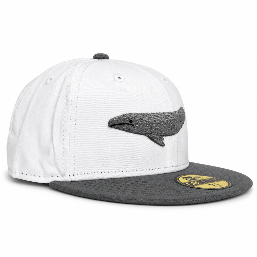 Bay Waters Whale white and gray fitted hat, three-quarter view