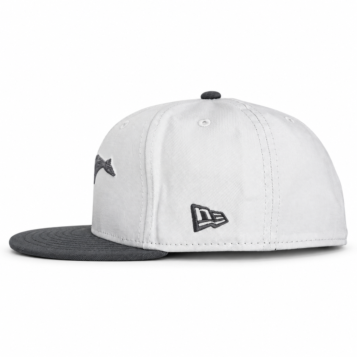Bay Waters Whale white and gray fitted hat, side view