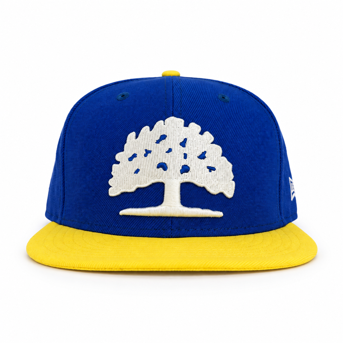Blue and yellow tree fitted hat front view