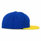 Blue and yellow tree fitted hat side view