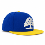 Blue and yellow tree fitted hat three-quarter view