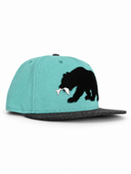 Baby blue CaliBear New Era fitted with black bear and white fish — three quarter