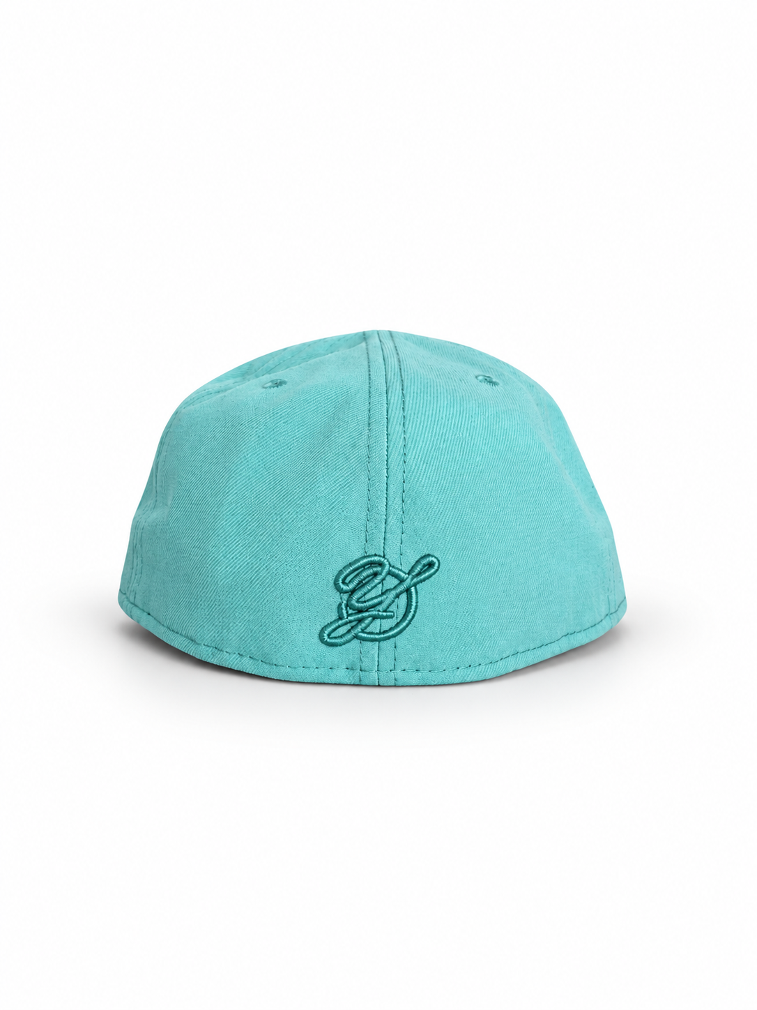 Baby blue CaliBear New Era fitted with black bear and white fish — back