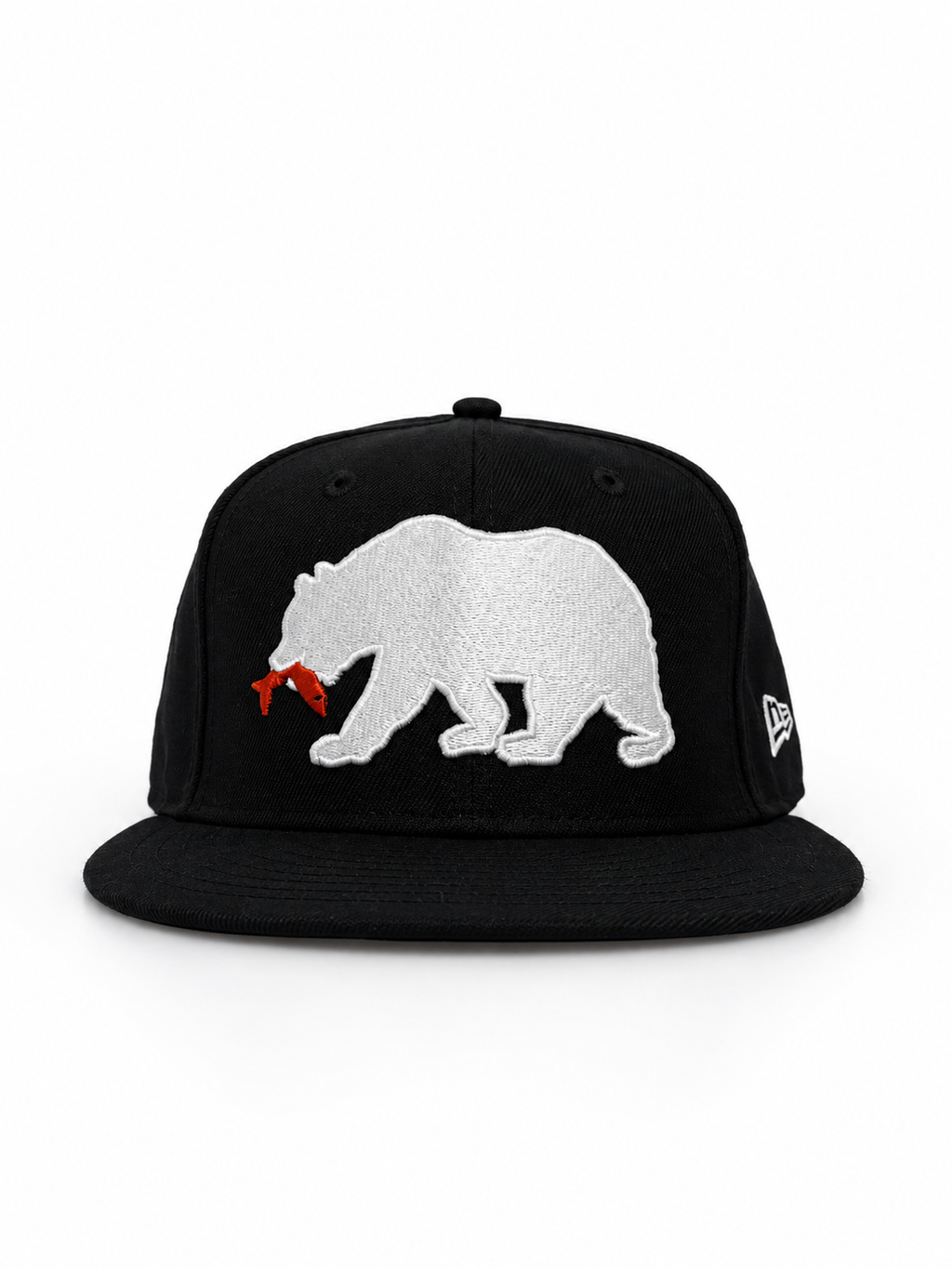 CaliBear and Salmon black fitted hat with white bear and orange fish — front