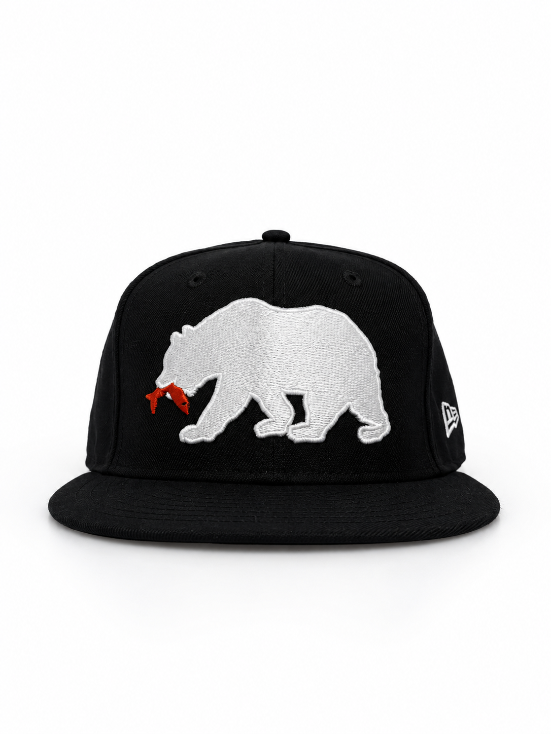CaliBear and Salmon black fitted hat with white bear and orange fish — front