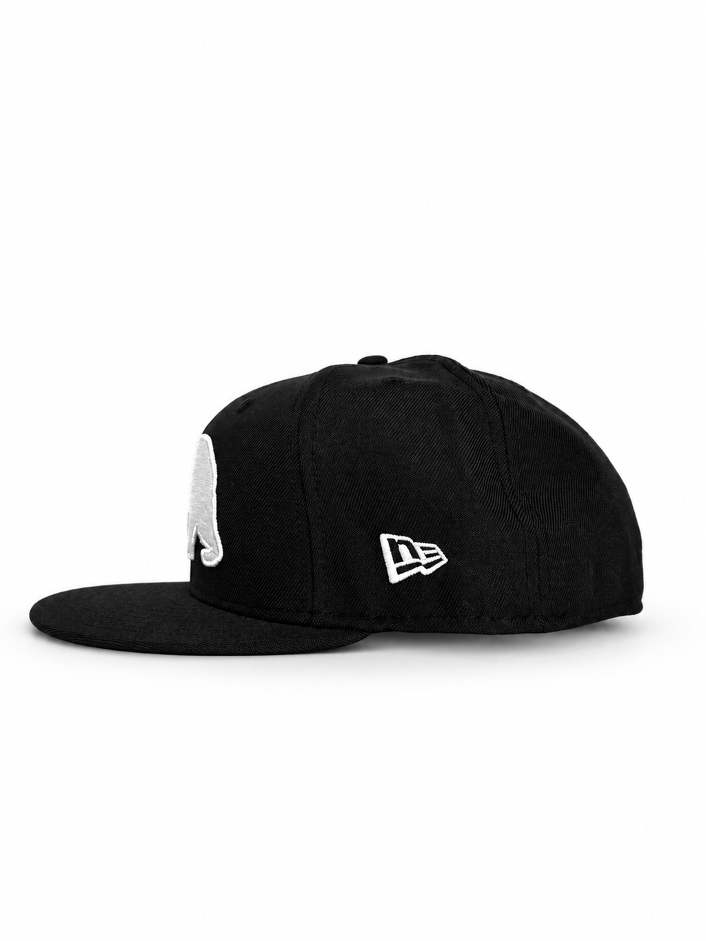 CaliBear and Salmon black fitted hat with white bear and orange fish — New Era side view