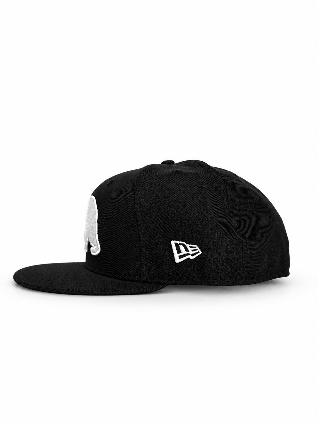 CaliBear and Salmon black fitted hat with white bear and orange fish — New Era side view