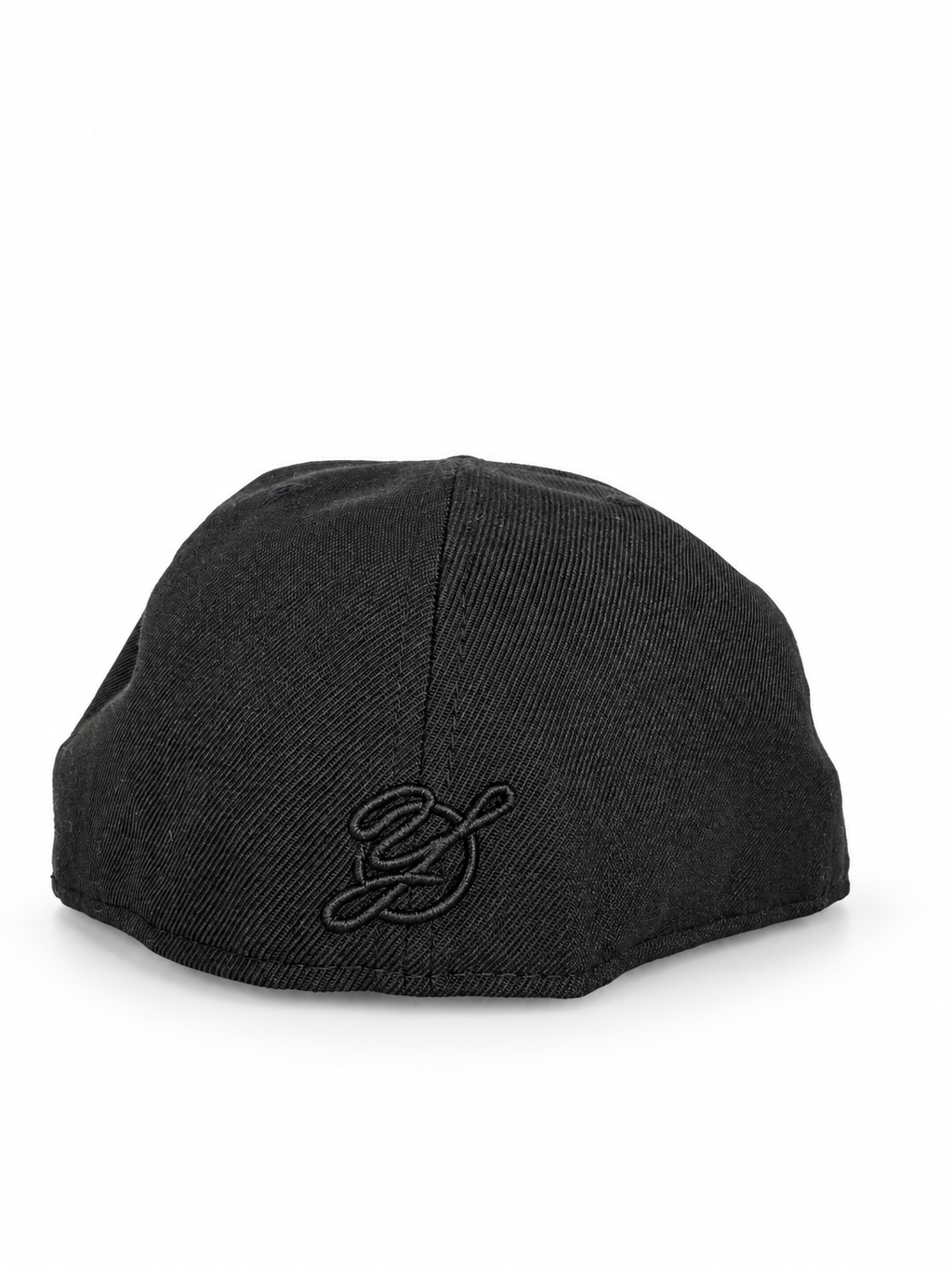 CaliBear and Salmon black fitted hat with white bear and orange fish — rear Yofi embroidery