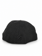 CaliBear and Salmon black fitted hat with white bear and orange fish — rear Yofi embroidery