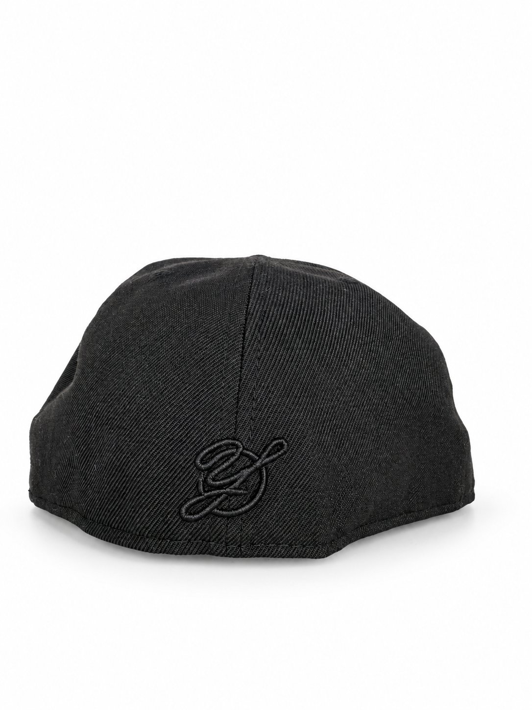 CaliBear and Salmon black fitted hat with white bear and orange fish — rear Yofi embroidery