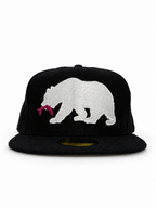 CaliBear and Salmon black wool New Era fitted with white bear and pink fish — front