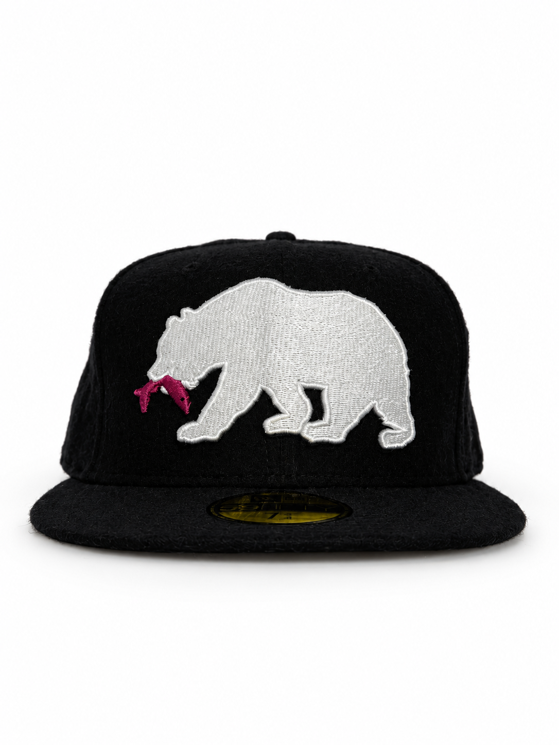 CaliBear and Salmon black wool New Era fitted with white bear and pink fish — front