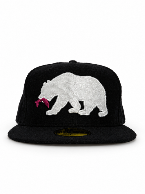 CaliBear and Salmon black wool New Era fitted with white bear and pink fish — front