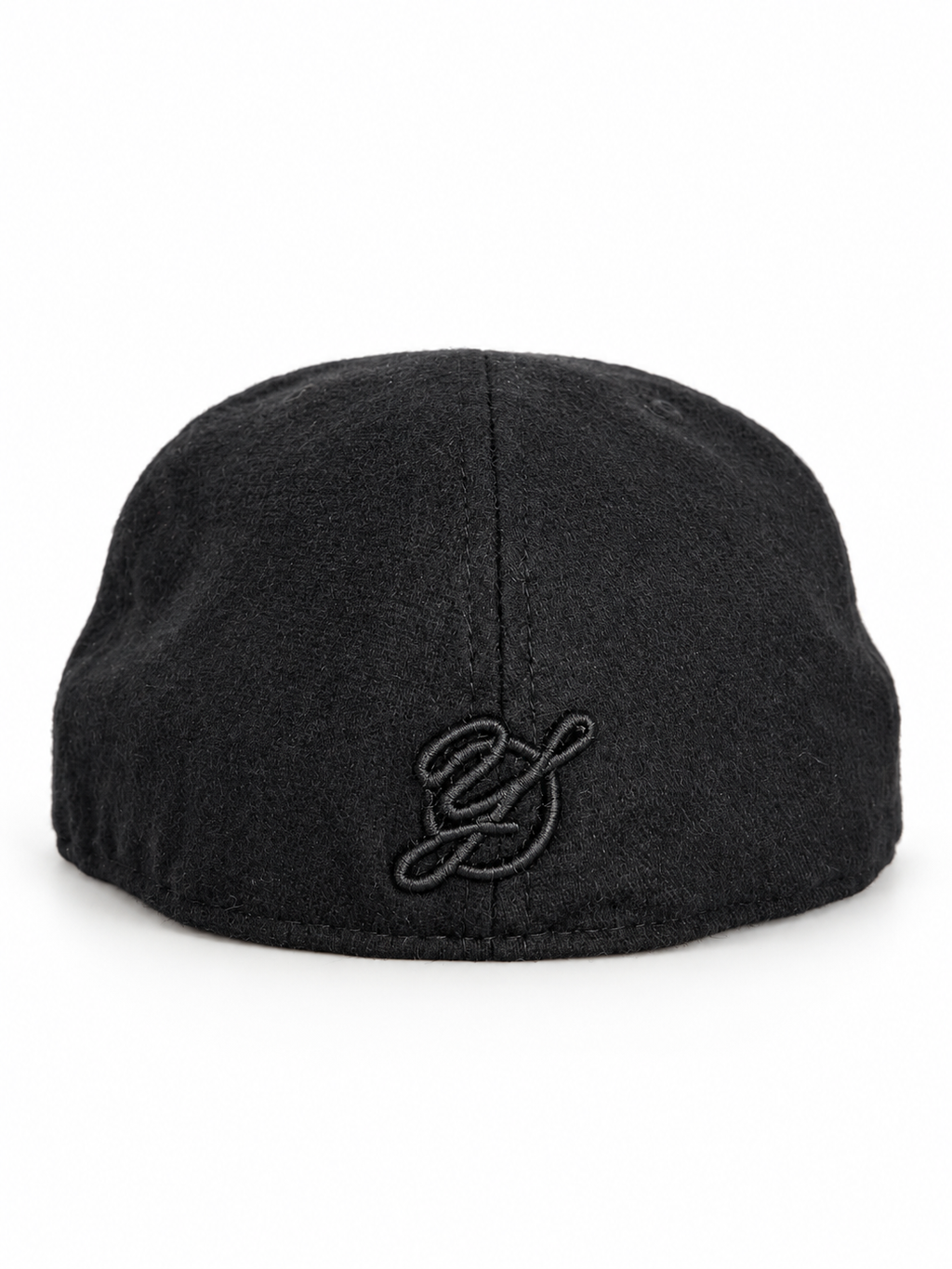 CaliBear and Salmon black wool New Era fitted with white bear and pink fish — rear Yofi embroidery