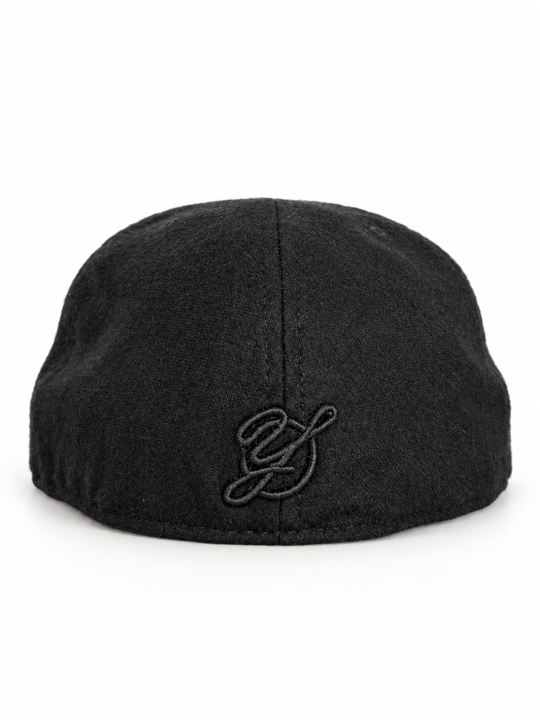 CaliBear and Salmon black wool New Era fitted with white bear and pink fish — rear Yofi embroidery