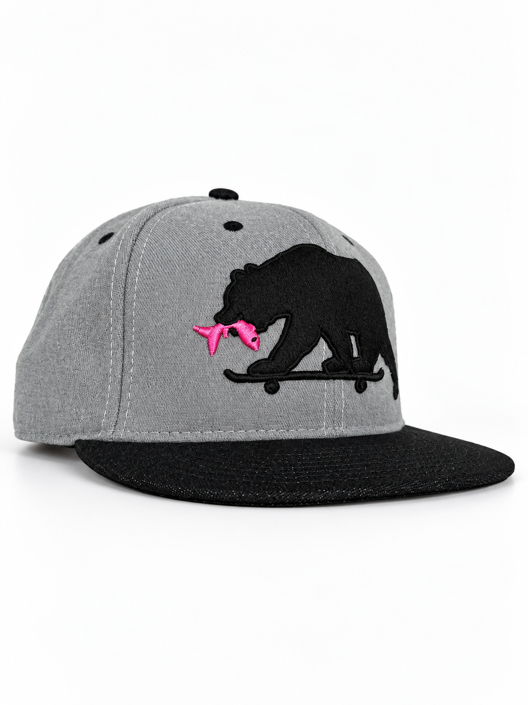 CaliBear and Salmon gray and black limited edition fitted hat — three-quarter view