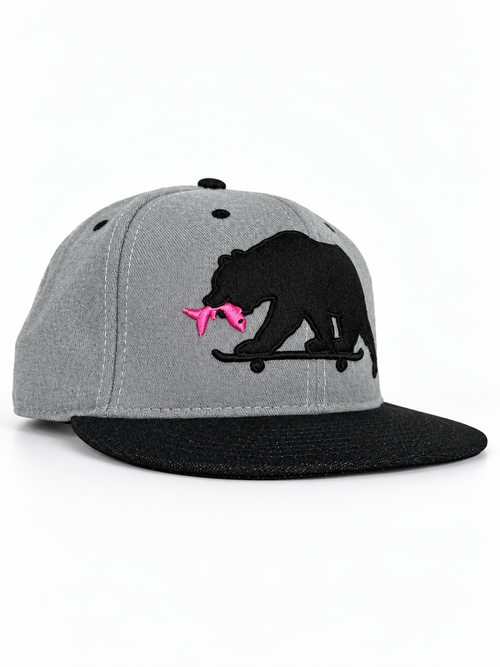 CaliBear and Salmon gray and black limited edition fitted hat — three-quarter view
