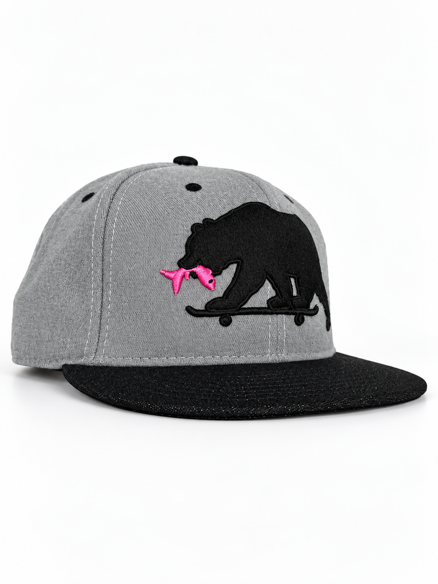 CaliBear and Salmon gray and black limited edition fitted hat — three-quarter view