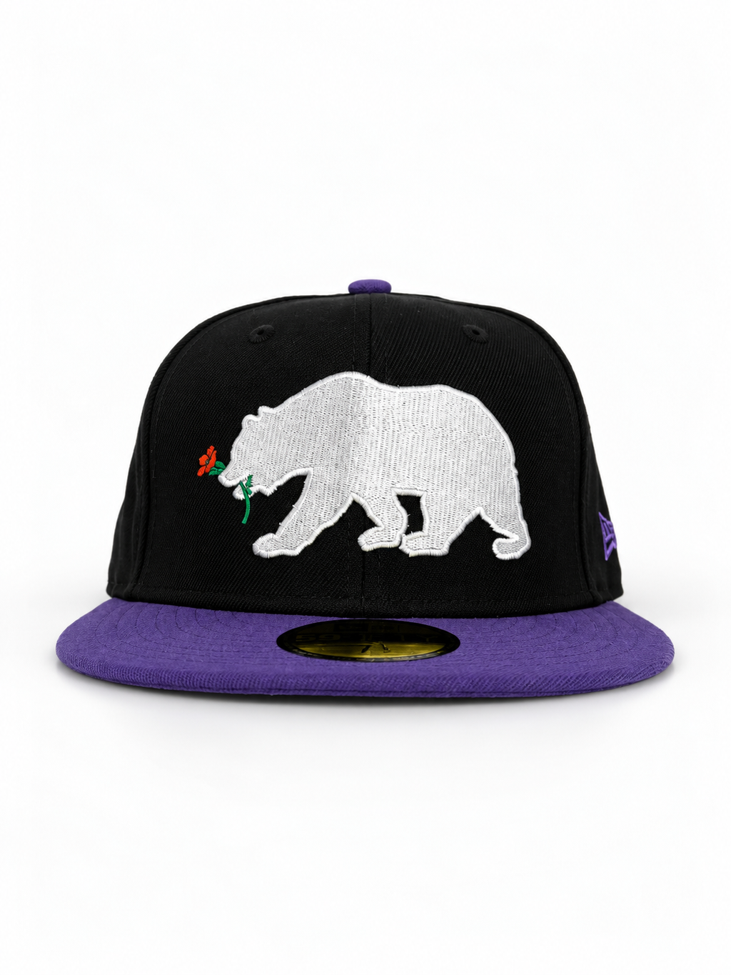 CaliBear and Poppy black and purple fitted hat — front