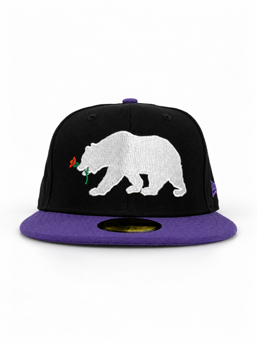 CaliBear and Poppy black and purple fitted hat — front