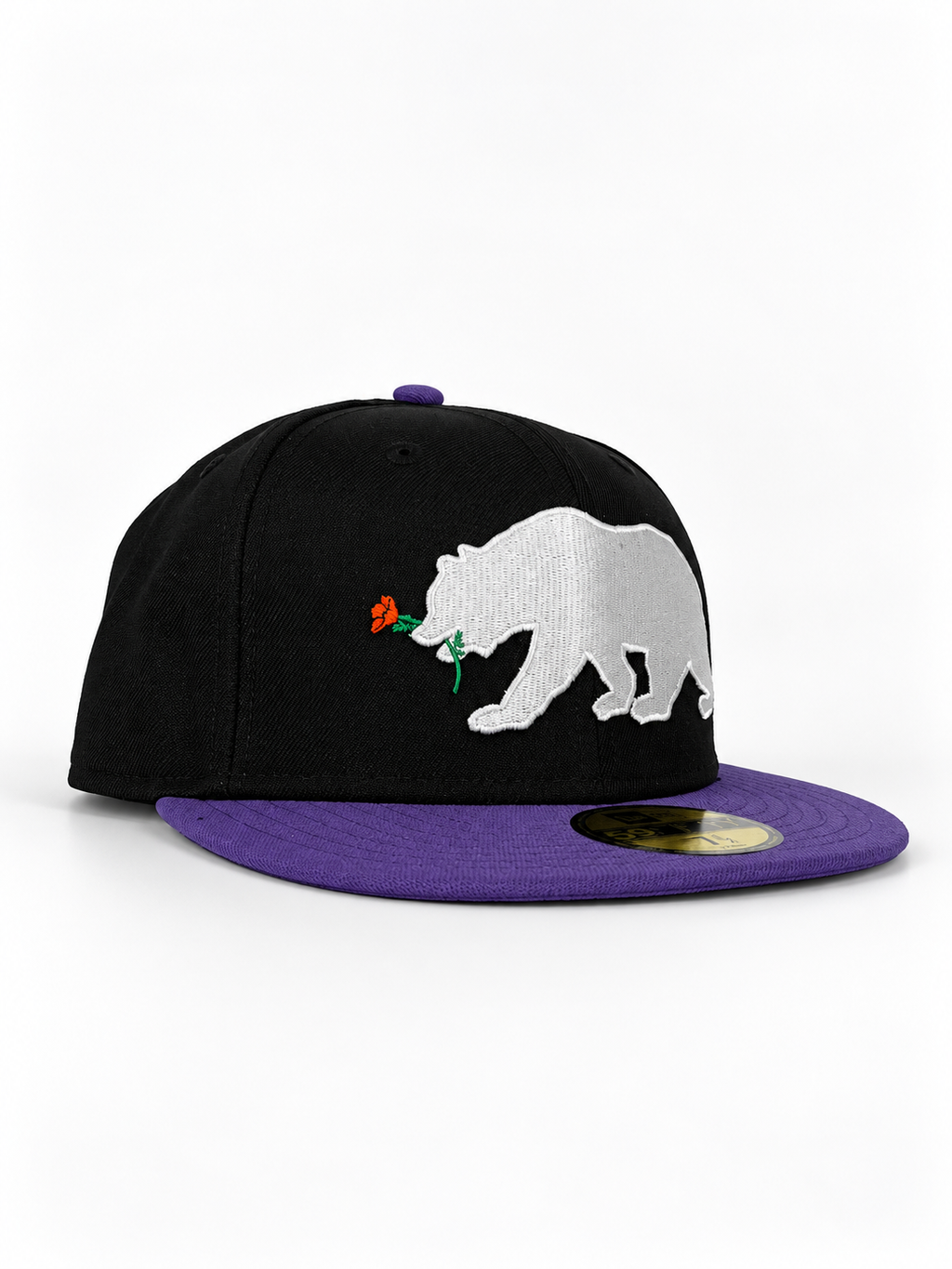 CaliBear and Poppy black and purple fitted hat — three-quarter view