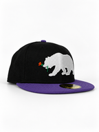 CaliBear and Poppy black and purple fitted hat — three-quarter view