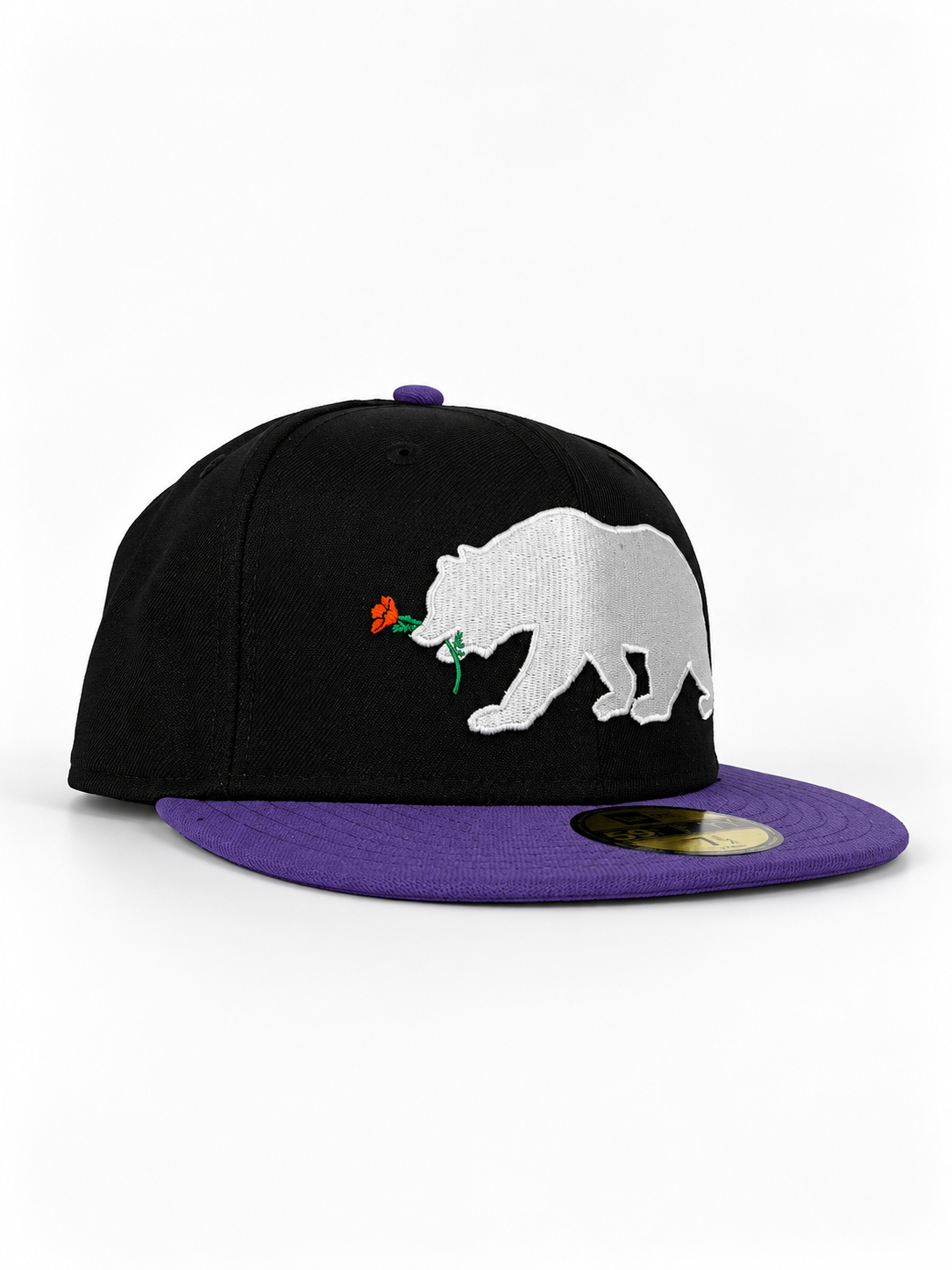 CaliBear and Poppy black and purple fitted hat — three-quarter view