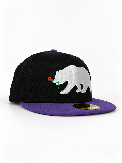 CaliBear and Poppy black and purple fitted hat — three-quarter view