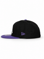 CaliBear and Poppy black and purple fitted hat — New Era side