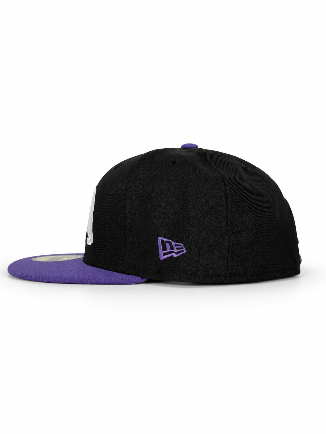 CaliBear and Poppy black and purple fitted hat — New Era side