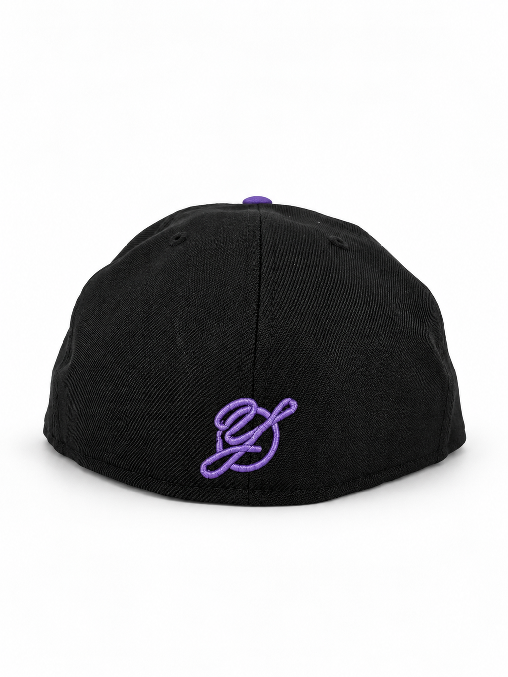 CaliBear and Poppy black and purple fitted hat — rear Yofi embroidery