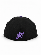 CaliBear and Poppy black and purple fitted hat — rear Yofi embroidery