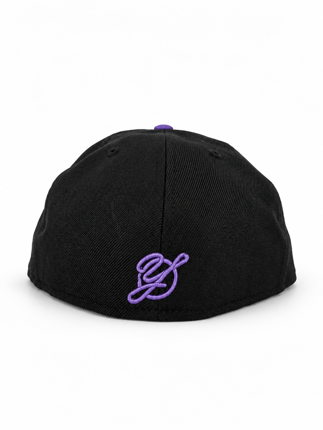 CaliBear and Poppy black and purple fitted hat — rear Yofi embroidery