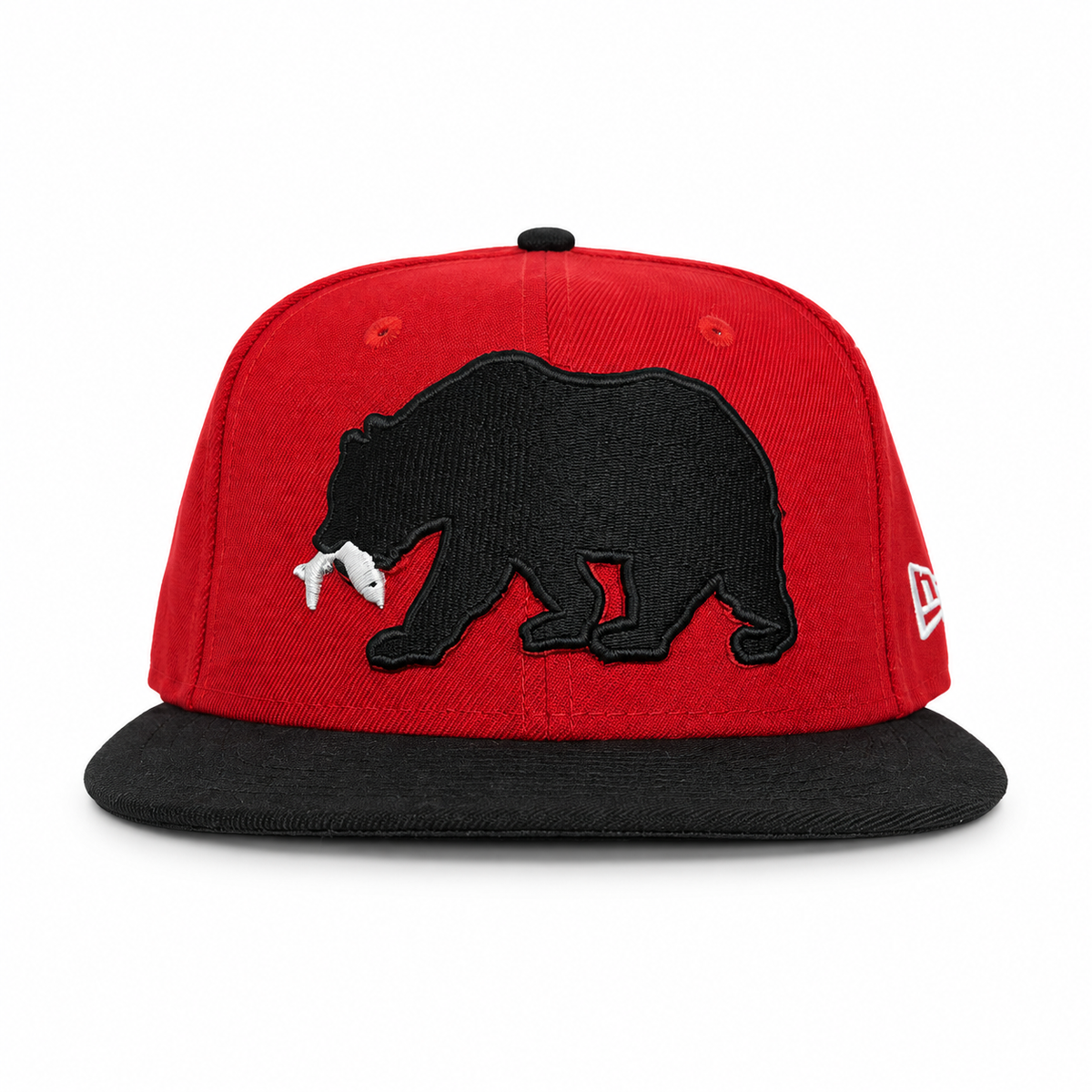Red and black CaliBear and Salmon fitted hat front