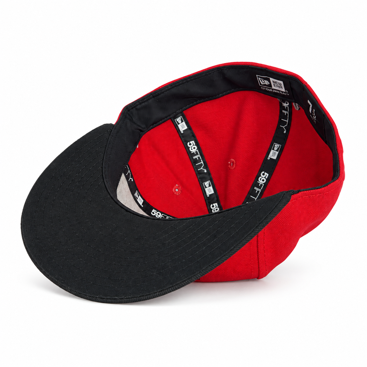 Red and black CaliBear and Salmon fitted hat interior