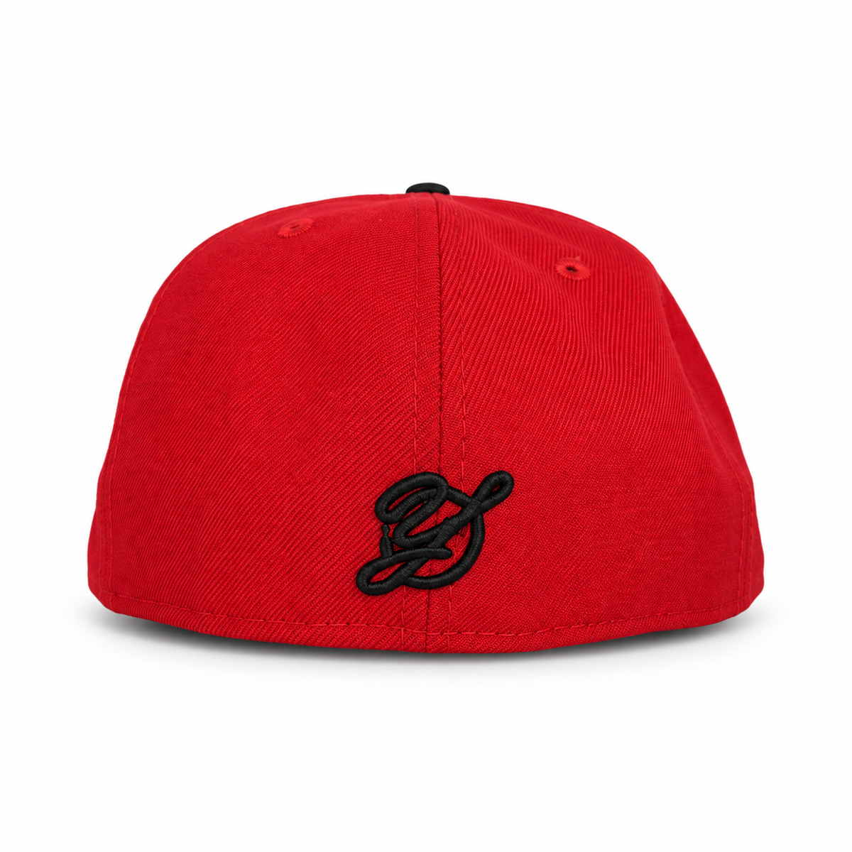 Red and black CaliBear and Salmon fitted hat rear view