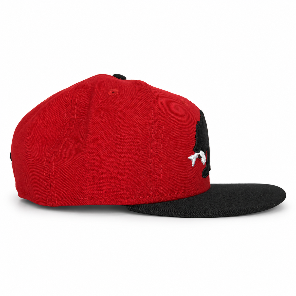Red and black CaliBear and Salmon fitted hat side view