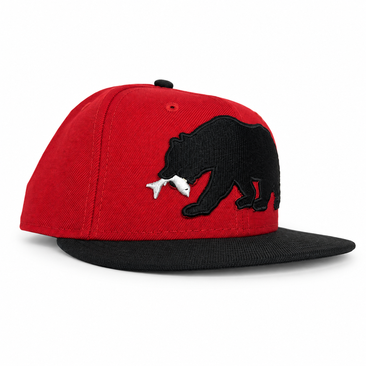 Red and black CaliBear and Salmon fitted hat three-quarter view