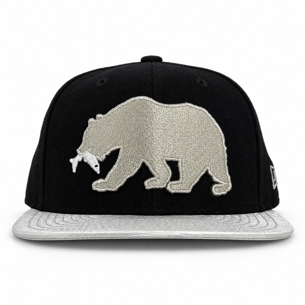 CaliBear and Salmon fitted hat in black and metallic silver, front view