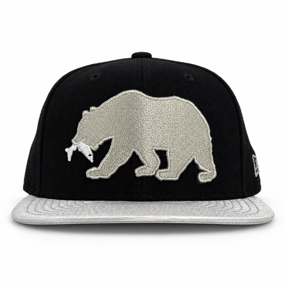 CaliBear and Salmon fitted hat in black and metallic silver, front view