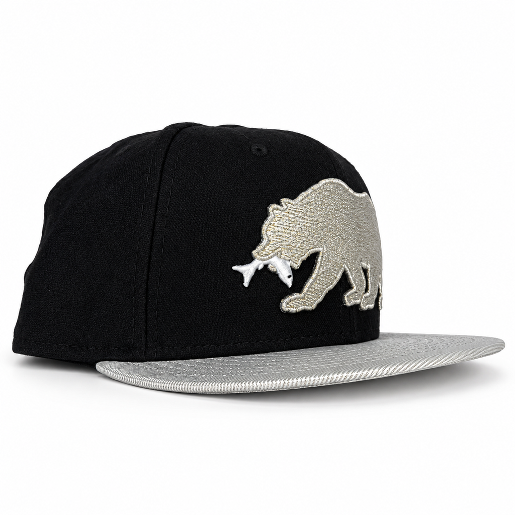 CaliBear and Salmon fitted hat, left three-quarter view